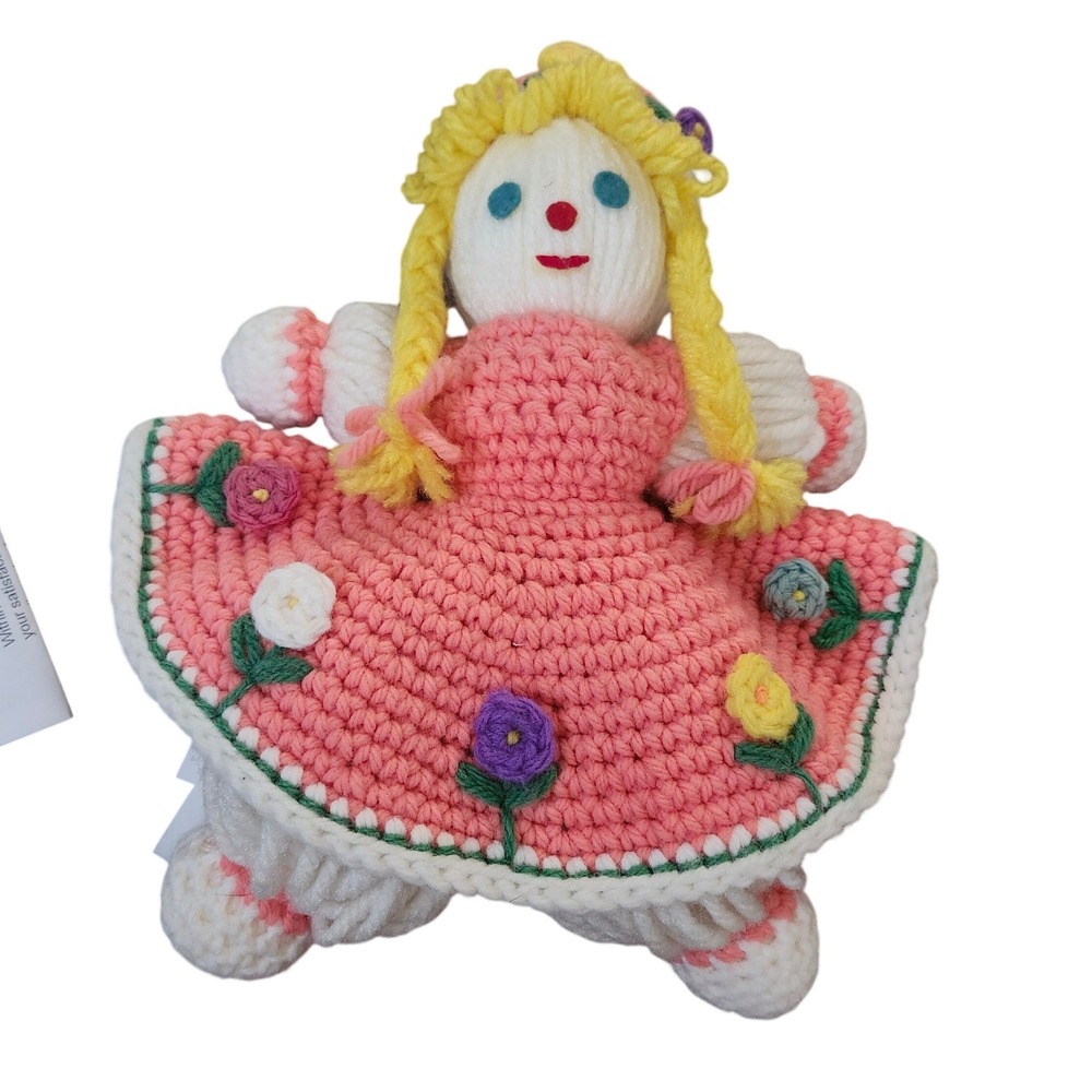 Handmade Crochet Amigurumi Girl Doll Floral Dress Folk Art Cottagecore Plush